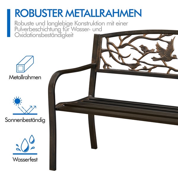 Metall-Gartenbank mit dekorativer Rückenlehne mit Vogelmotiv, robuster Metallrahmen, sonnenbeständig und wasserfest.