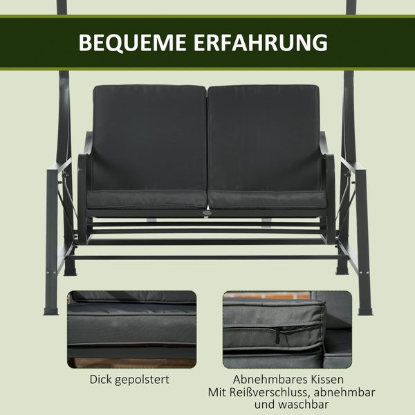 Outsunny Hollywoodschaukel, 2-Sitzer Gartenschaukel mit Verstellbarem Sonnendach, Sitzkissen, für Balkon, Dunkelgrau, 148 x 129 x 172 cm, Stahl, Dunkelgrau