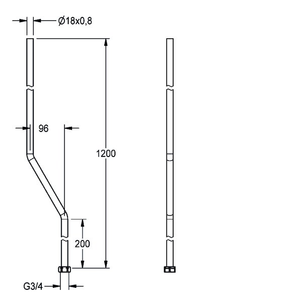Technische Zeichnung eines Rohrs: Durchmesser 18 mal 0,8 Millimeter, Länge 1200 Millimeter, Versatz 96 Millimeter, Anschluss G 3/4 Zoll.