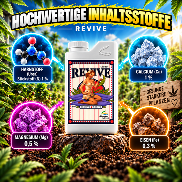 Pflanzendünger Revive von Advanced Nutrients mit Angaben zu Inhaltsstoffen wie Stickstoff, Calcium, Magnesium und Eisen zur Pflanzenstärkung.