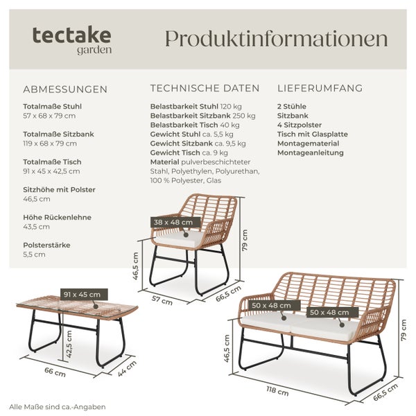 Rattan Sitzgruppe tectake Molfetta XL höhenverstellbare Kunststofffüße für 4 Personen natur