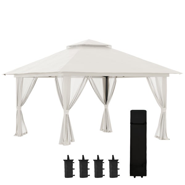 Outsunny Faltpavillon 4 x 4 m, Pavillon mit 4 Moskitonetz, Höhenverstellbares Pop-Up-Zelt UV-Schutz 50+, Partyzelt mit Doppeldach, Tragetasche, für Balkon, Campingplatz, Oxford-Polyester Cremeweiß