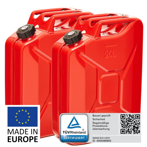 BW® Kraftstoffkanister Metall Benzinkanister 2x 20 Liter mit Schraubverschluss - Rot - RAL 3000 - TÜV-geprüft und UN-Zulassung - Made in Europe