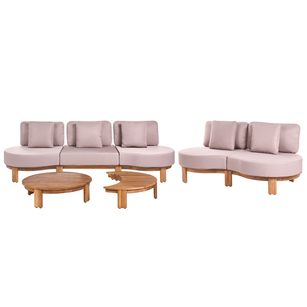 Garten Lounge Set aus Holz mit gepolsterten Sitzflächen und Rückenlehnen sowie zwei Beistelltischen für den Außenbereich