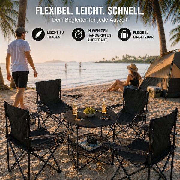 Klappbares Campingtisch und Stuhl Set am Strand mit einer Person im Hintergrund und einem Zelt bei Sonnenuntergang