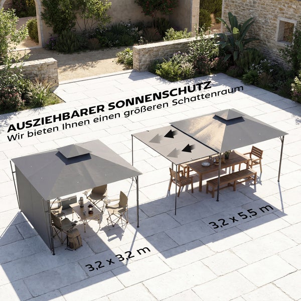 Ausziehbarer Gartenpavillon auf einer Steinterrasse, Maße 3,2 mal 3,2 Meter und erweitert 3,2 mal 5,5 Meter, mit Gartenmöbeln.