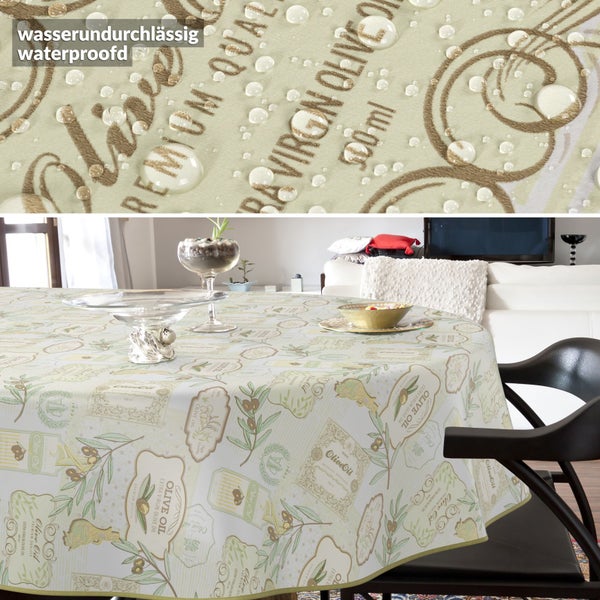 Wasserdichte Tischdecke mit Olivenöl Design auf einem Esstisch
