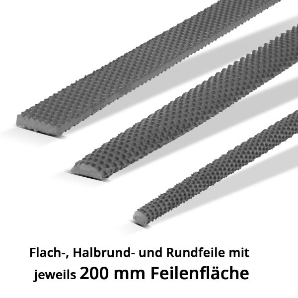Flach-, Halbrund- und Rundfeile mit jeweils 200 mm Feilenfläche