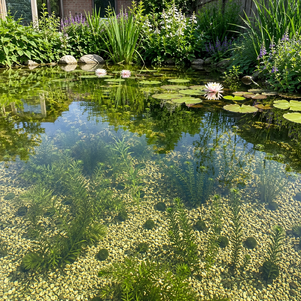 Gartenteich mit klarem Wasser, Teichpflanzen wie Seerosen und Wasserpest sowie einem Kiesgrund in einer naturnah angelegten Gartenlandschaft.