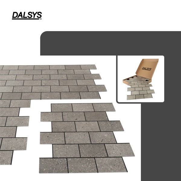 Dalsys Logo, selbstklebende Wandfliesen in Steinoptik, rechteckiges Ziegeldesign, inklusive Produktverpackung.