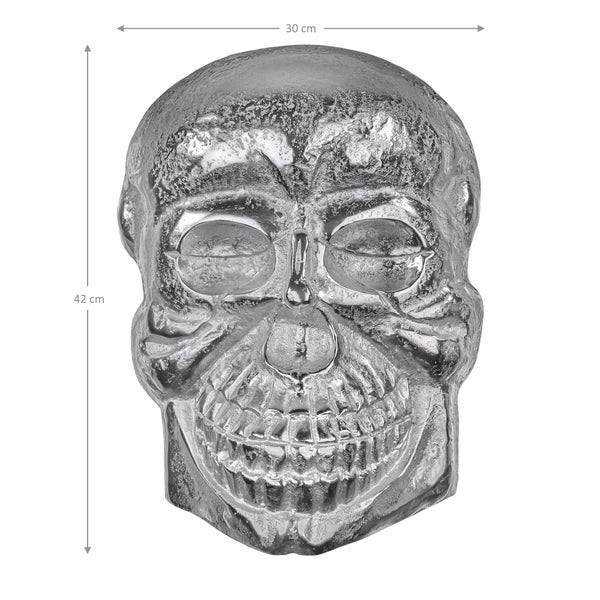WOMO-DESIGN Deko Skull Totenkopf Unikat 42 x 30 cm (HxB) Silber Glänzend Wandskulptur aus Poliertes Aluminium mit Nickel Finish Gothic Totenschädel Schädel Skulptur Wand Dekoration Wohnaccessoire