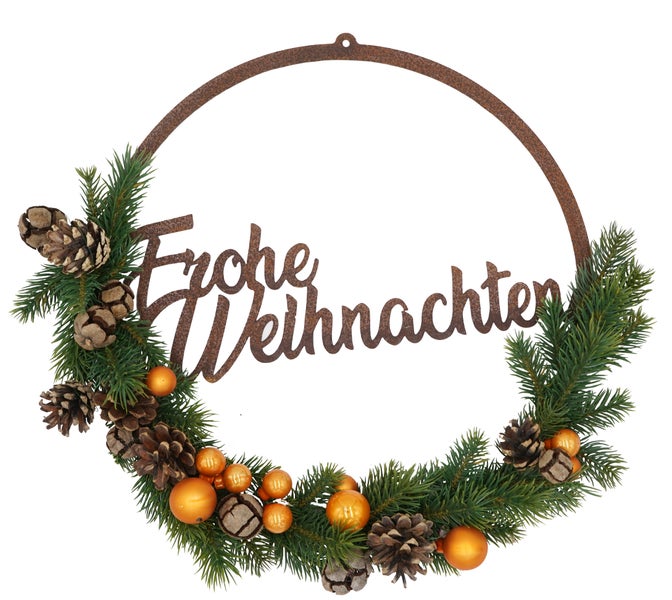 Weihnachtskranz aus Metall mit Tannenzweigen, Zapfen und Weihnachtskugeln, Schriftzug Frohe Weihnachten in Edelrost Optik