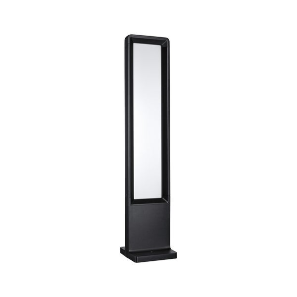 Moderne schwarze Außenstehleuchte in rechteckiger Säulenform mit großer weißer Lichtfläche.