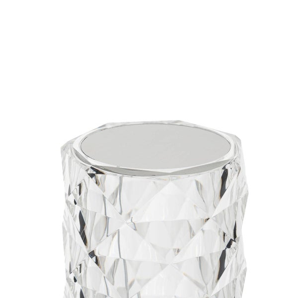 Zylindrische Tischleuchte in Kristalloptik mit facettierter Oberfläche und runder Touch-Bedienfläche an der Oberseite.