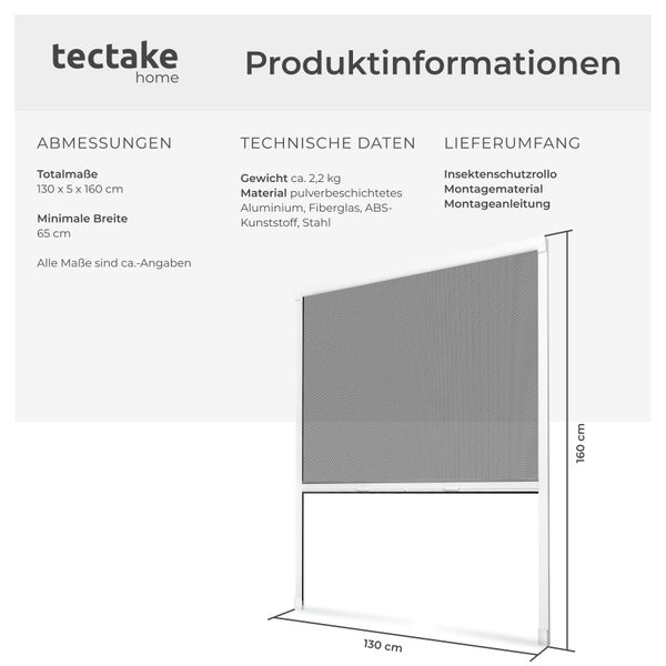 Produktinformationen Tectake Insektenschutzrollo mit Maßen und Materialangaben