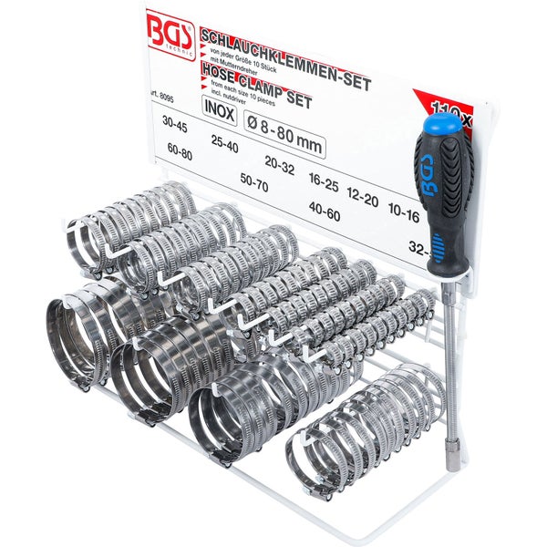 BGS technic Schlauchklemmen-Set aus Edelstahl, 110-teilig, Größen 8 bis 80 Millimeter, inklusive Steckschlüssel und Metallständer.