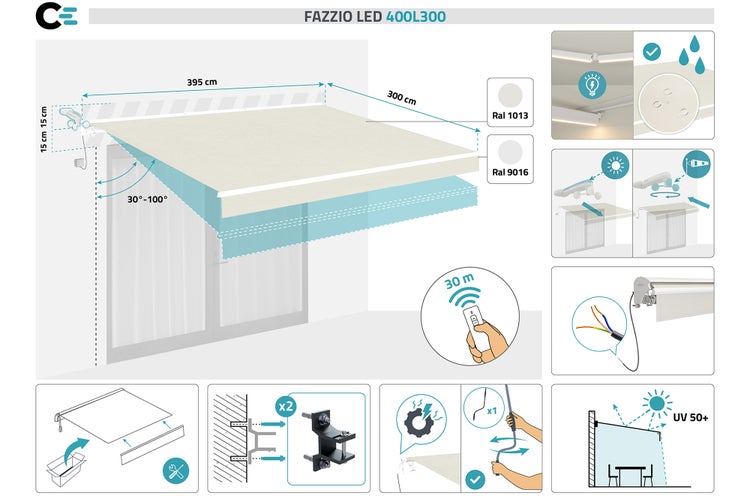 Illustration einer Fazzio LED Kassettenmarkise 400L300 mit Maßen, Montagehinweisen und Produktmerkmalen