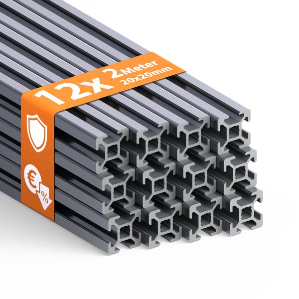 Zwölf Aluminiumprofile, zwei Meter lang, 20x20 Millimeter Querschnitt