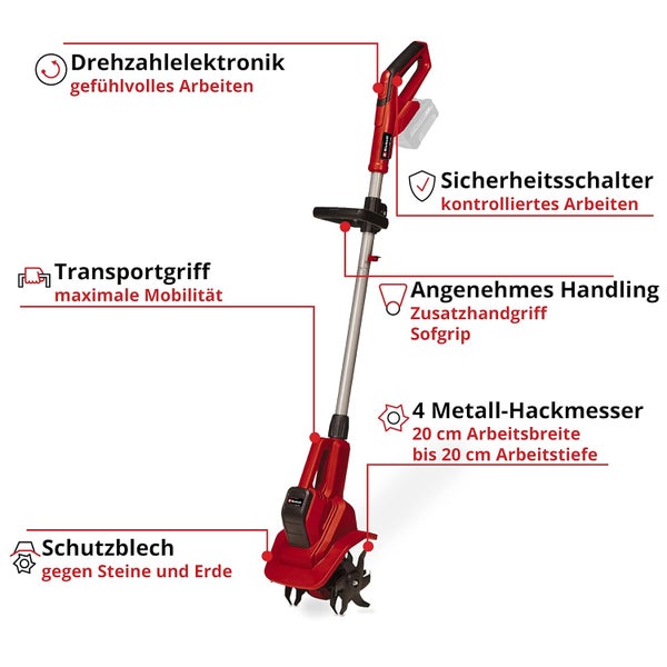 Akku-Bodenhacke von Einhell mit Drehzahlregelung, Sicherheitsschalter, Zusatzhandgriff und vier Metall-Hackmessern zur Bodenbearbeitung.
