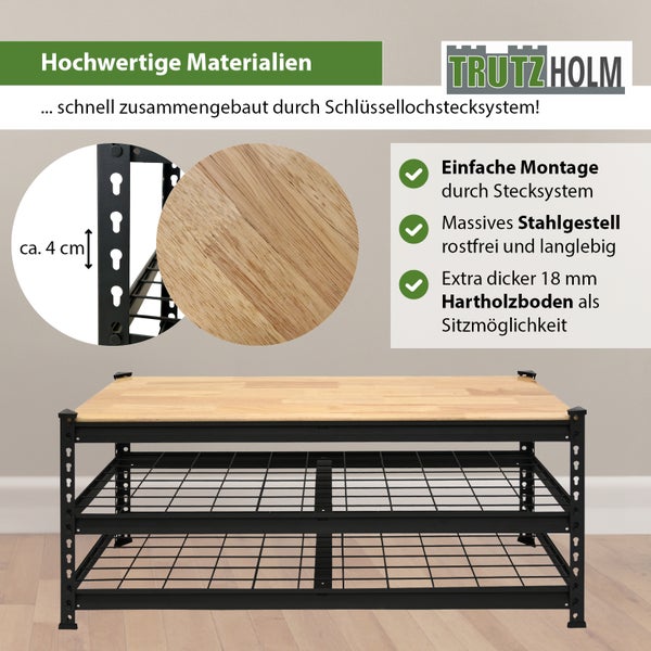 Schuhregal von Trutzholm mit massivem Stahlgestell und 18 Millimeter starkem Hartholzboden inklusive Montageinformationen.
