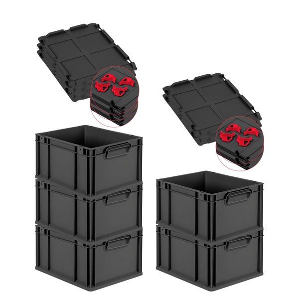 PROREGAL SparSet 5x Eurobox NextGen Grip mit Auflagedeckel inkl. 4 roten Schiebeschnappverschlüssen, HxBxT 22x30x40cm, 20 Liter, Schwarz, Griffe geschlossen, Eurobehälter, Transportbox, Transportbehälter, Stapelbehälter