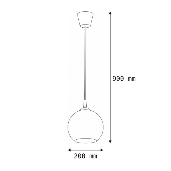 Strichzeichnung einer runden Pendelleuchte mit Maßangaben von 200 Millimeter Durchmesser und 900 Millimeter Gesamthöhe.