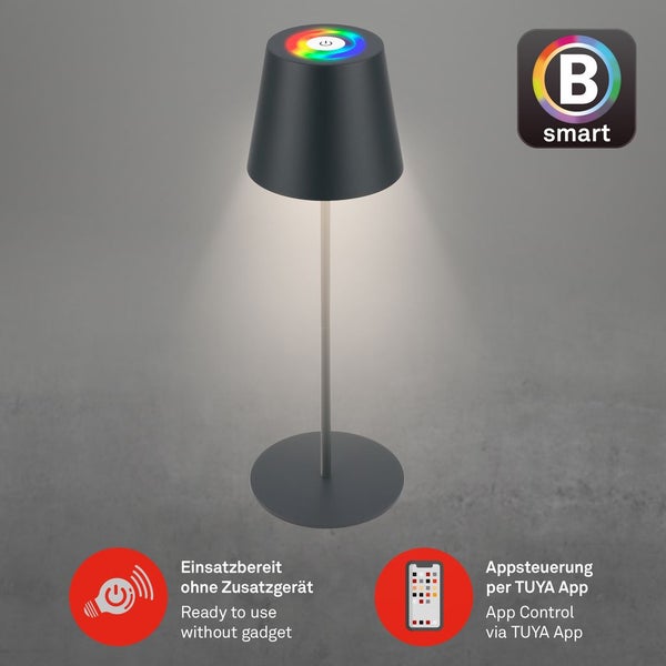 Briloner Coloris LED Tischlampe Smart kabellos, Smart via Appsteuerung, Dimmbar, Speicherfunktion, Timer, Anthrazit, Ø10,5 x 36 cm