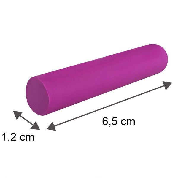 Violetter Zylinder mit einer Länge von 6,5 Zentimetern und einem Durchmesser von 1,2 Zentimetern.