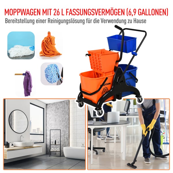 HOMCOM Putzwagen Reinigungswagen 26 Liter Wischwagen mit Wischmopp-Presse, Haushaltswagen mit Rollen Orange