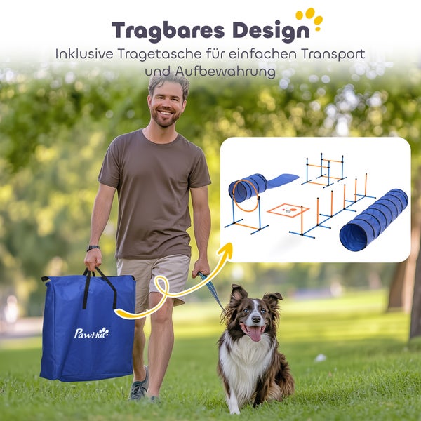 Mann mit Hund trägt Tragetasche mit PawHut Logo im hellen Park. Einblendung zeigt das tragbare Agility Set mit Tunneln, Hürden und Slalom für Training.