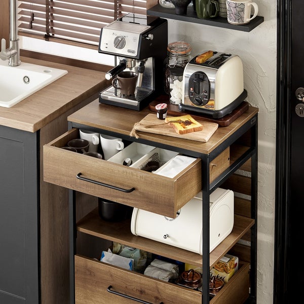 Küchenwagen mit Schubladen und Regalen, Kaffeemaschine, Toaster und Küchenutensilien