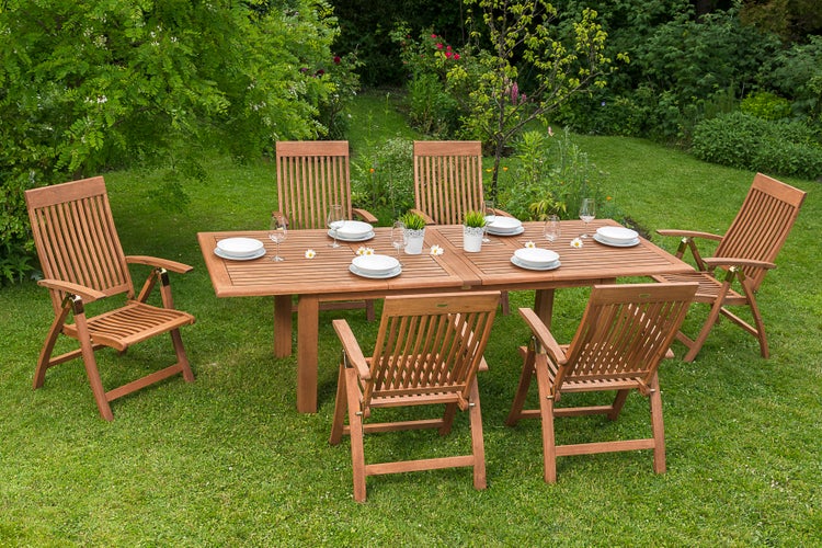 Comodoro Gartenmöbelset 13tlg., 6 Klappsessel, 6 Wendekissen grün, 1 Doppelausziehtisch 180 (220/260) x 100 cm