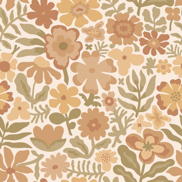 Florales Muster im Retro-Stil mit verschiedenen Blumen und Blättern in Erdtönen wie Beige, Braun und Olivgrün.