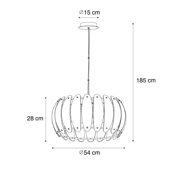 Zeichnung einer Hängelampe mit den Maßen 185 cm Höhe, 54 cm Durchmesser und 15 cm Baldachindurchmesser.