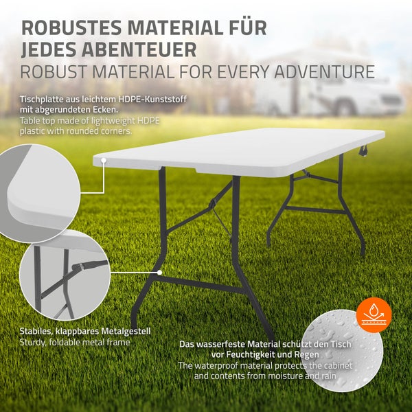 ML-Design Campingtisch klappbar Weiß 180x74 cm, Kunststoff, Klapptisch mit Tragegriff, Falttisch für Garten, Terrasse, Balkon, Gartentisch 6 Personen, Buffettisch Partytisch Koffertisch Flohmarkttisch