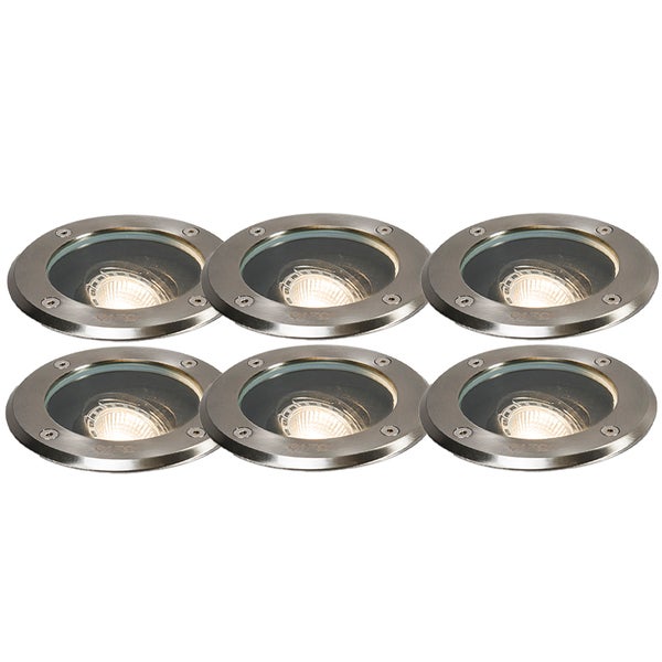 Sechser-Set runde Bodeneinbaustrahler aus Metall für den Außenbereich.