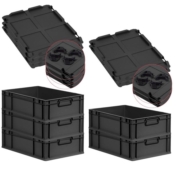 PROREGAL SuperSparSet 5x Eurobox NextGen Color mit Auflagedeckel und Schiebeschnappverschlüsse, HxBxT 17x40x60cm, 34 Liter, Schwarz, Griffe schwarz geschlossen, Eurobehälter, Transportbox, Transportbehälter, Stapelbehälter