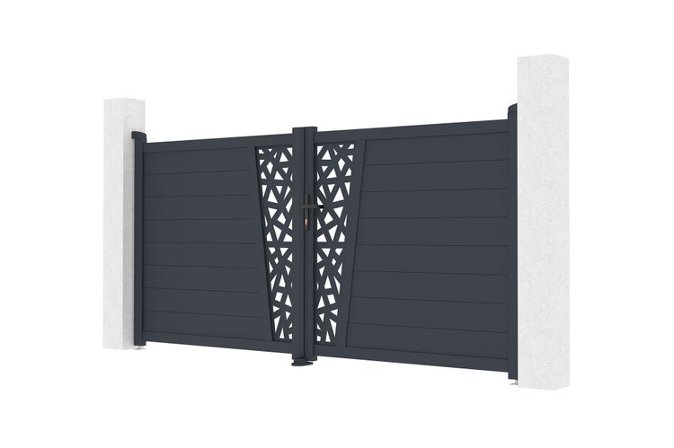 Zweiflügeliges Aluminium-Hoftor in Anthrazit mit dekorativem Ausschnitt und horizontalen Paneelen zwischen zwei Pfeilern.