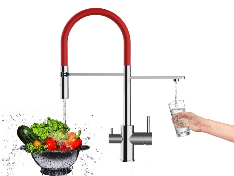 3 Wege Wasserhahn Küchenarmatur, FL, mit 360° schwenkbarem Auslauf, abnehmbare 2 strahl Handbrause, Verchromt / Rot