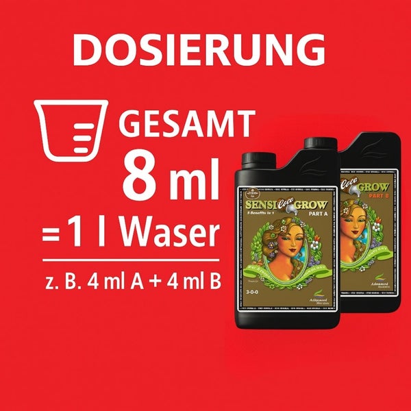 Dosierungsempfehlung für Sensi Coco Grow Dünger, bestehend aus Teil A und Teil B