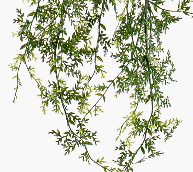 Künstliche Hängepflanze mit fein verzweigten grünen Zweigen.