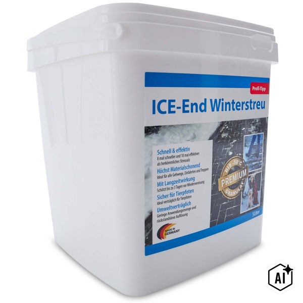 Kunststoffeimer mit 5 Liter ICE-End Winterstreu als effektives Auftaumittel für Wege und Einfahrten.