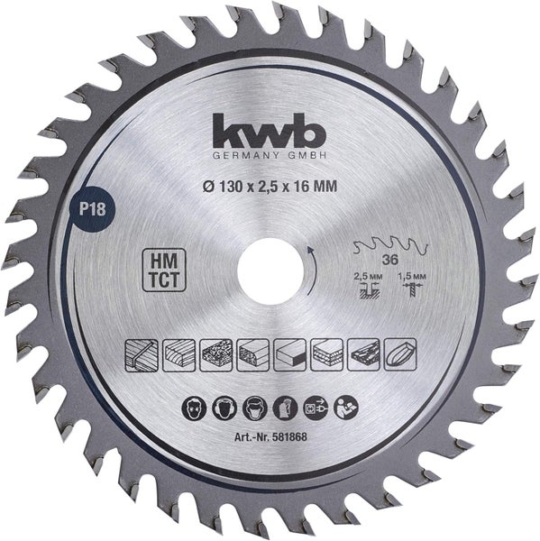 kwb Kreissägeblatt 130 x 16 mm, sehr feiner Schnitt, Sägeblatt geeignet für Arbeitsplatten, Holz und beschichtete Platten