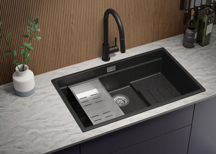 PRIMAGRAN Granitspüle Anthrazit 76x47cm, Spülbecken 1 Becken + Küchenarmatur 32x20cm + Ablauf-Set + Aufrollbare Abtropffläche, Küchenspüle ab 80er Unterschrank - Praga Slim