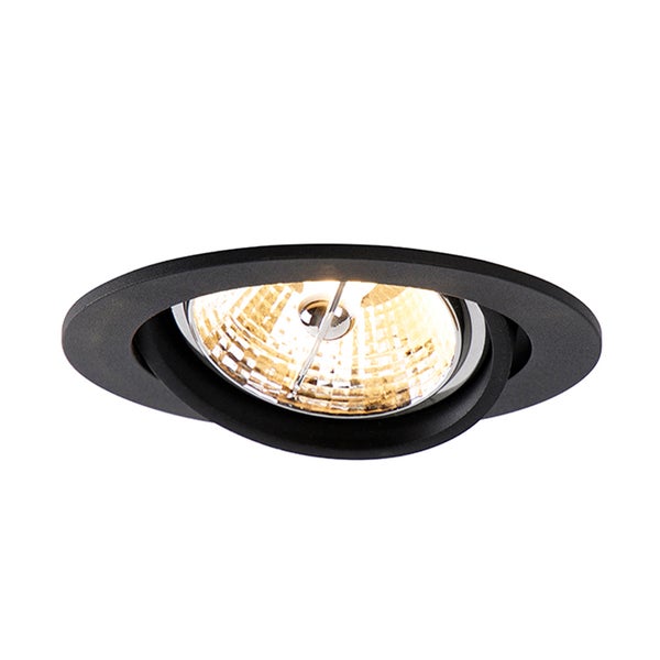 Runder Einbaustrahler in Schwarz, schwenkbar, mit eingeschaltetem Leuchtmittel.