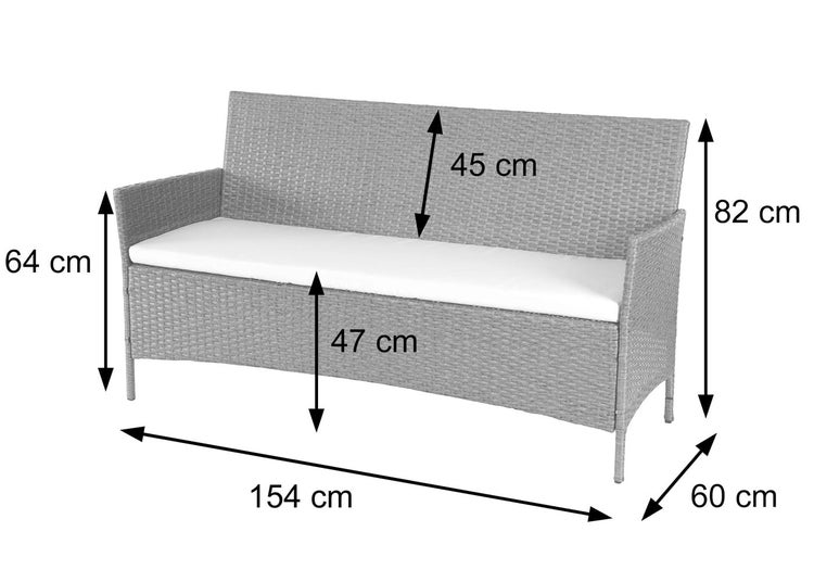 Gartenbank aus Polyrattan mit Sitzkissen und Maßangaben: Breite 154 Zentimeter, Tiefe 60 Zentimeter, Gesamthöhe 82 Zentimeter.