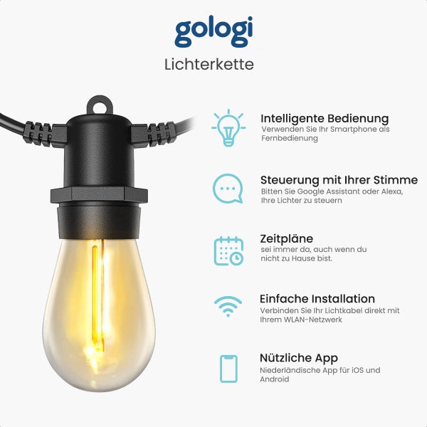 Gologi Lichterkette für Innen und Aussen - Lichtgirlande 10M - Gartenbeleuchtung LED - Warmes Umgebungslicht 2700K - Wasserdicht - Intelligente Beleuchtung mit App - Verkettbar bis zu 20M