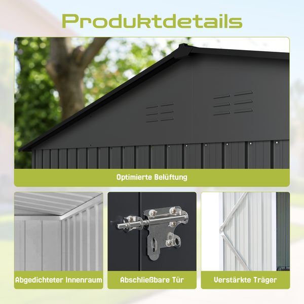 Innenansicht eines Gerätehauses mit den Eigenschaften: 0,25 Millimeter Stahlblech, 0,6 Millimeter Stahlrahmen, 8,65 Quadratmeter Fläche, regenfest, UV-beständig, rostbeständig