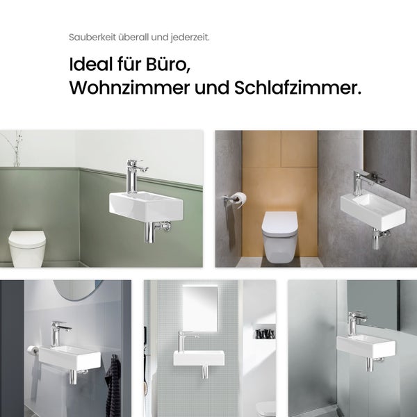 EMKE Waschbecken Keramik 370 × 178 mm, Rechteck, glänzend Weiß, Höhe 95 mm, mit Bohrung links für Wasserhahn, Wandmontage, für Badezimmer und Gäste-WC, Handwaschbecken, Wandwaschbecken