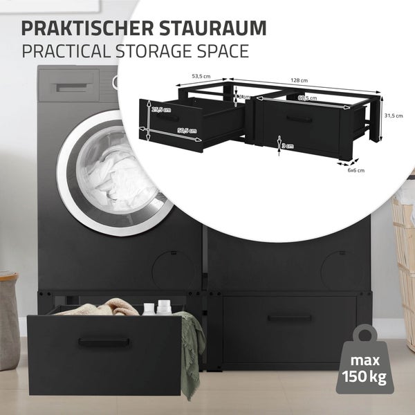 ML-Design Doppel Waschmaschinen Untergestell mit 2 Schubladen, Schwarz, 128x53,5x31,5 cm, Waschmaschinen-Sockel 2-Fach 2x150kg, Stahl, Doppeluntergestell Doppelpodest Sockel Erhöhung Trockner Unterbau